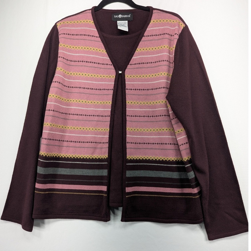 Sag Harbor Womens XL Burgundy Pink Fair‎ Isle 2 Piece Cardigan Shell Sweater Set